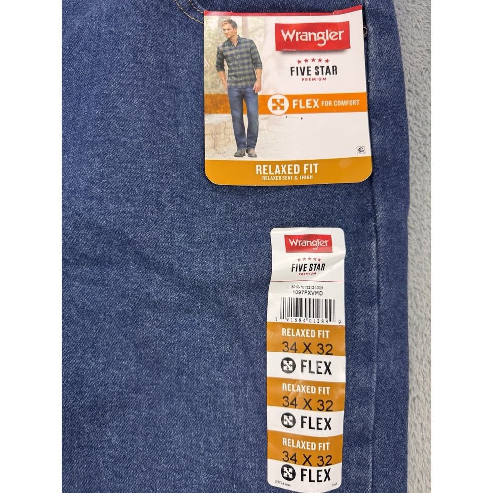 Wrangler Five Star‎ Jeans Men 34x32 Blue Premium Flex Relaxed Fit Denim NWT - Picture 2 of 7